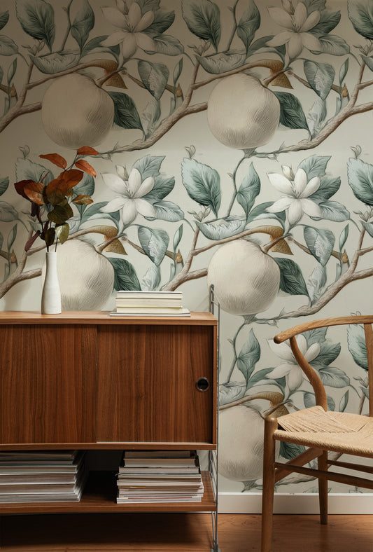Sage Orchard large scale wallpaper in a styled room