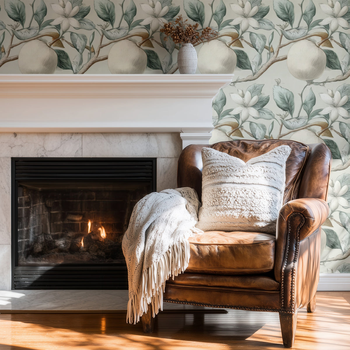 Sage Orchard large scale wallpaper in a styled room