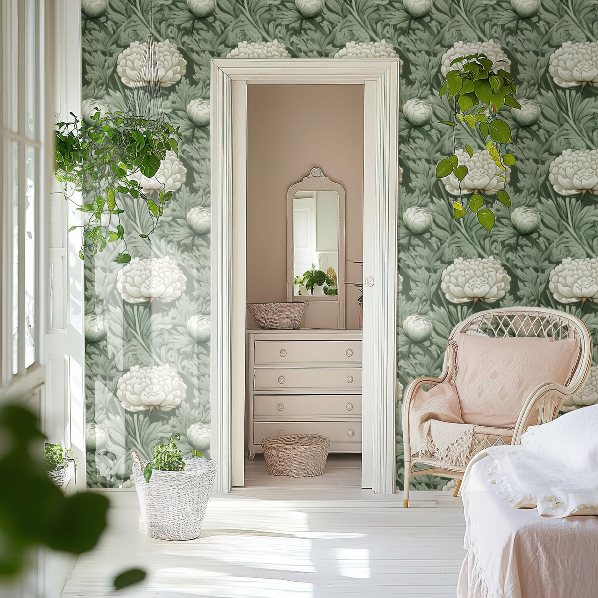 Sage Peony large scale wallpaper in a styled room