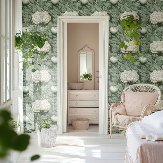 Sage Peony large scale wallpaper in a styled room