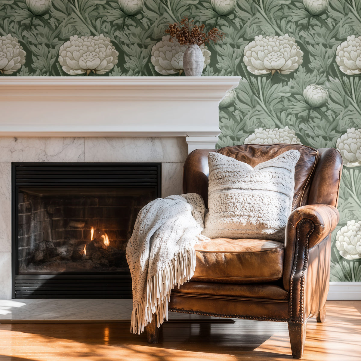 Sage Peony large scale wallpaper in a styled room