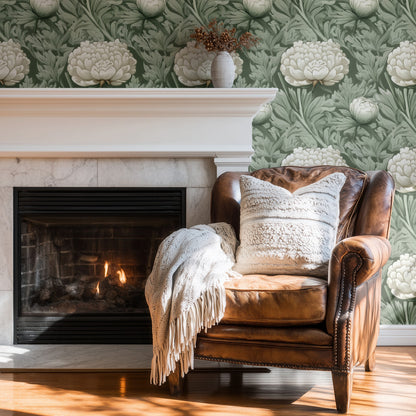 Sage Peony large scale wallpaper in a styled room