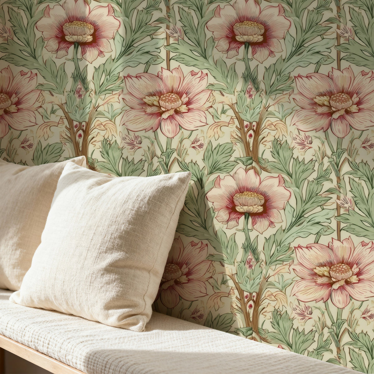 Sage Poppy large scale wallpaper in a styled room