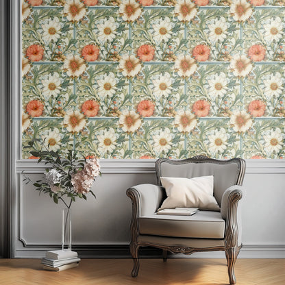 Sage Scrolls large scale wallpaper in a styled room