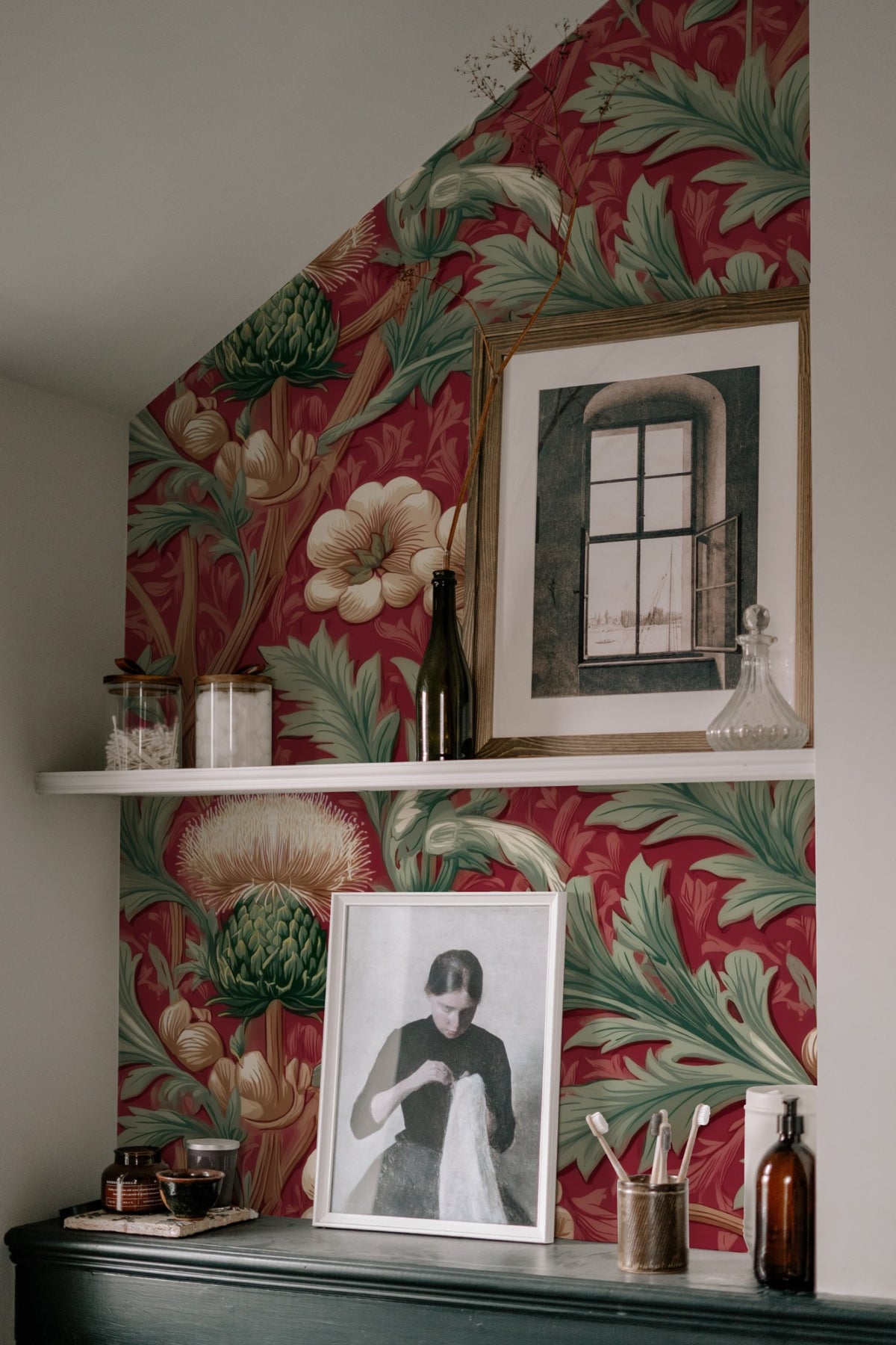 Sage Thistle large scale wallpaper in a styled room