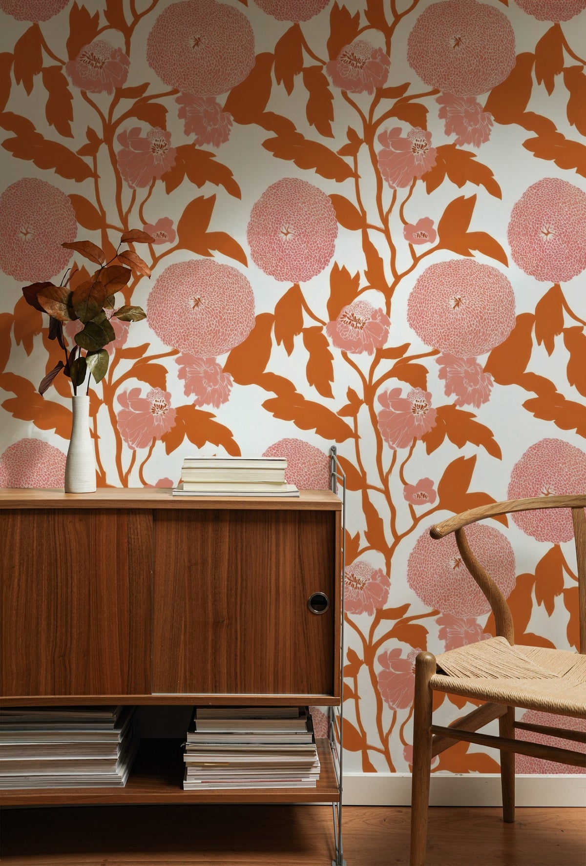 Salmon Chrysanthemum large scale wallpaper in a styled room