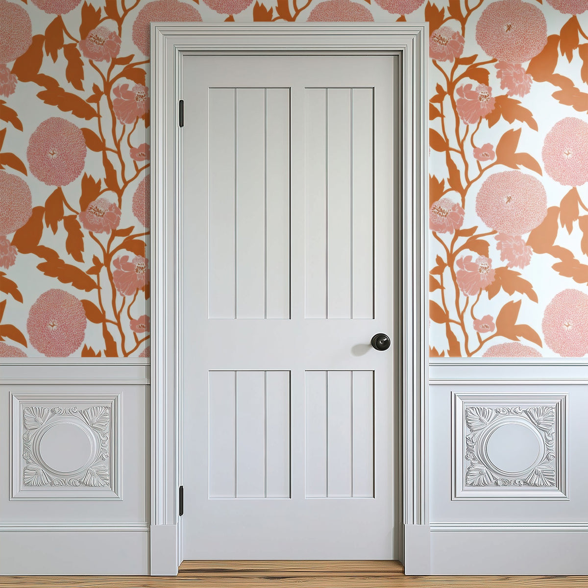 Salmon Chrysanthemum large scale wallpaper in a styled room