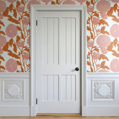 Salmon Chrysanthemum large scale wallpaper in a styled room