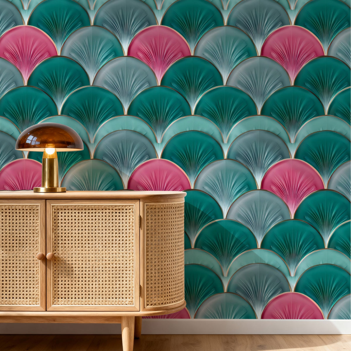 Scallop Tiles large scale wallpaper in a styled room