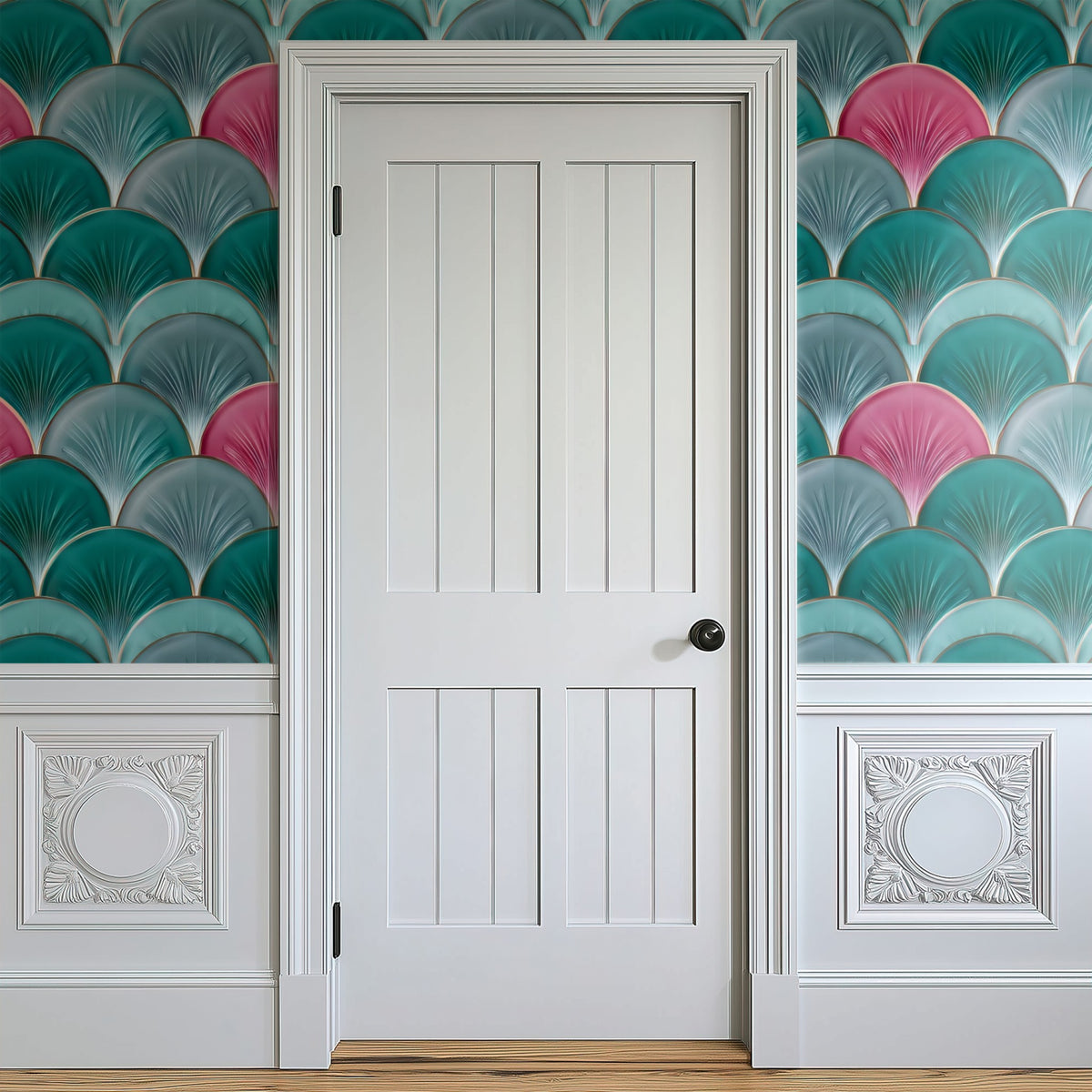 Scallop Tiles large scale wallpaper in a styled room