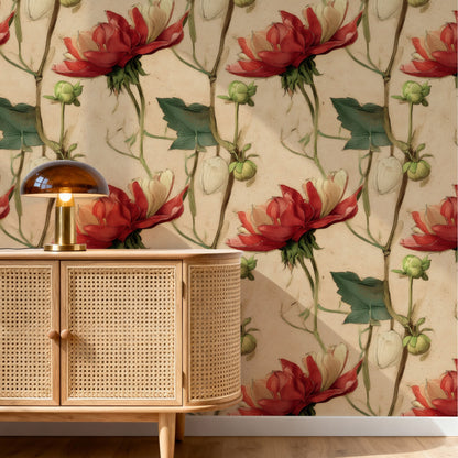 Scarlet Bloom large scale wallpaper in a styled room