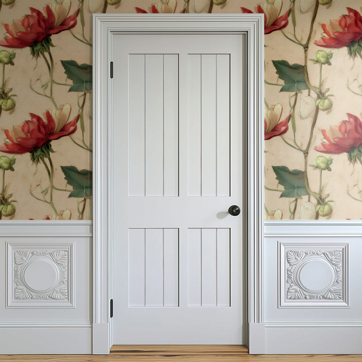 Scarlet Bloom large scale wallpaper in a styled room