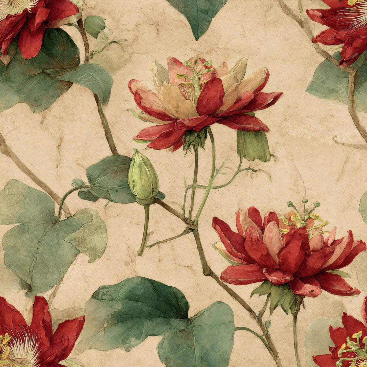 Scarlet watercolour hibiscus and dahlia blooms on green stems over parchment.