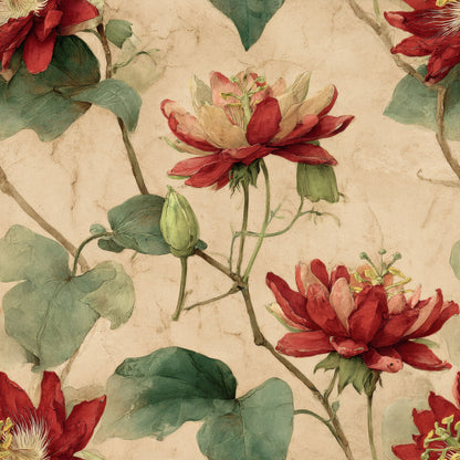 Scarlet watercolour hibiscus and dahlia blooms on green stems over parchment.