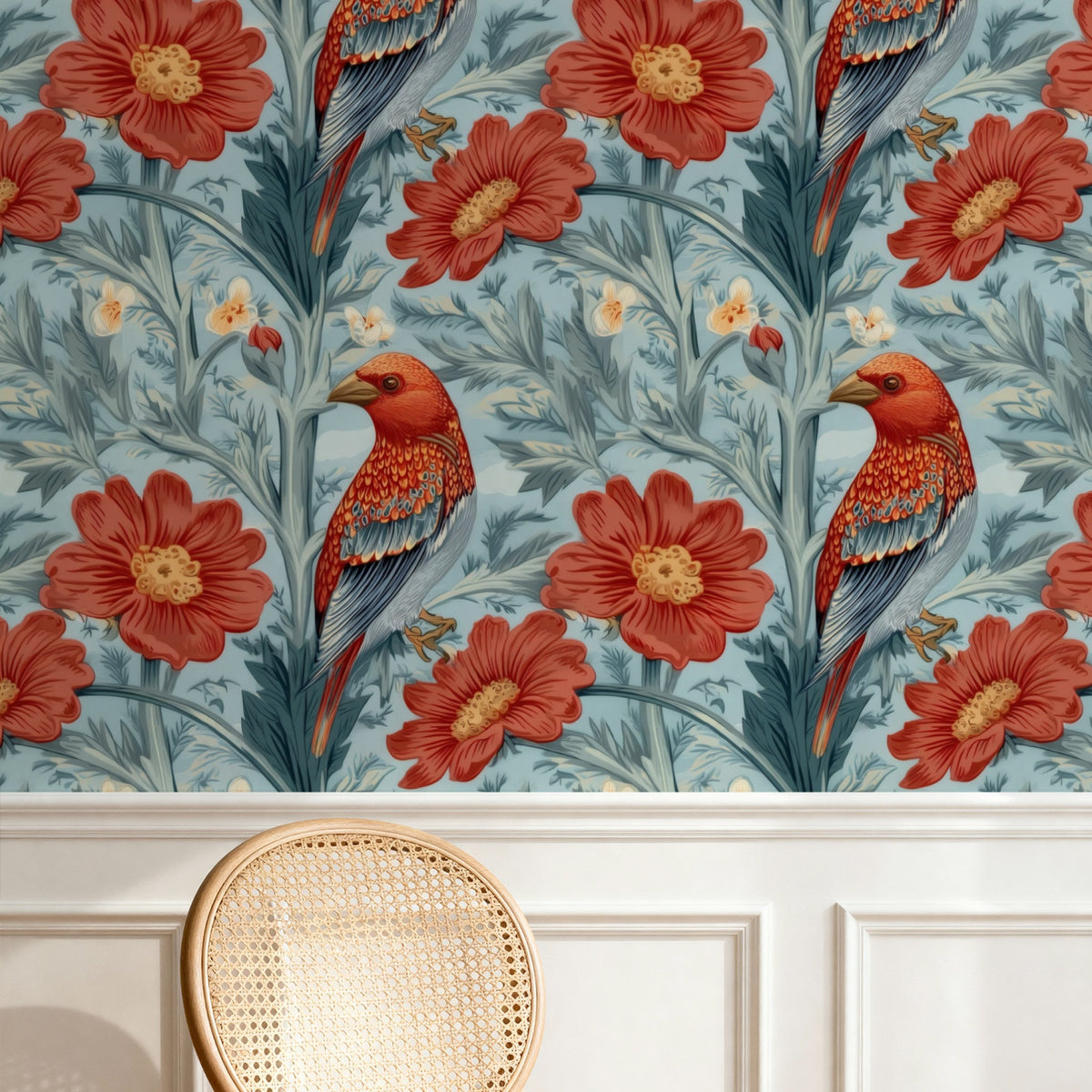 Scarlet Finch large scale wallpaper in a styled room