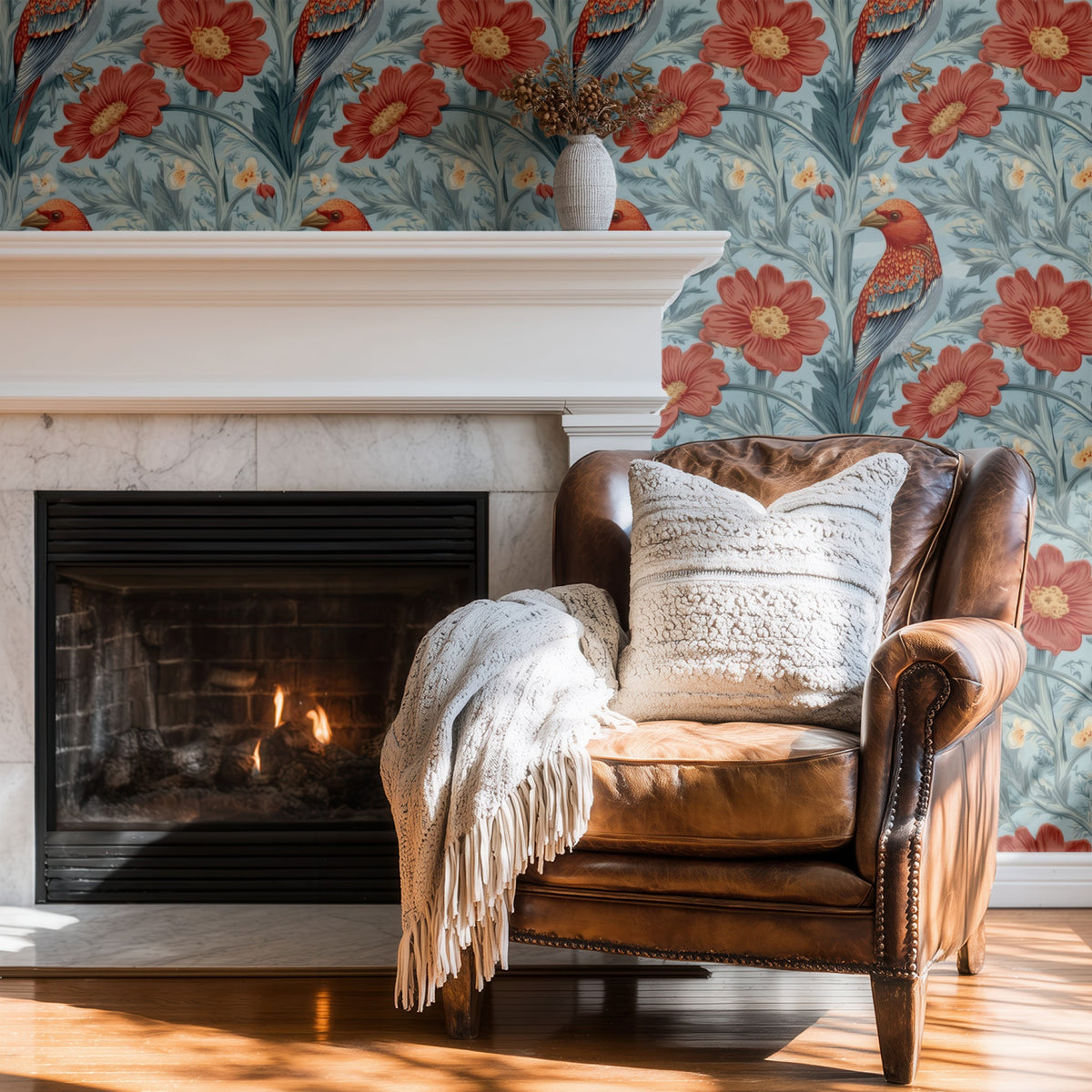 Scarlet Finch large scale wallpaper in a styled room