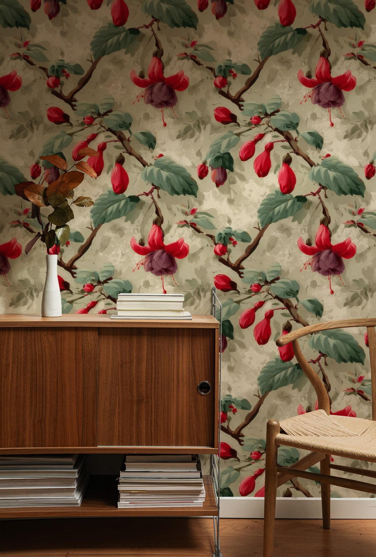 Scarlet Fuchsia large scale wallpaper in a styled room