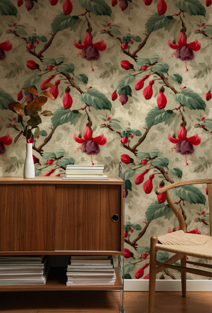 Scarlet Fuchsia large scale wallpaper in a styled room