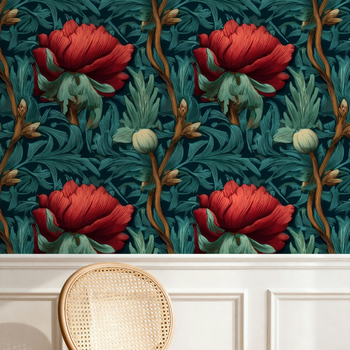 Scarlet Poppies large scale wallpaper in a styled room