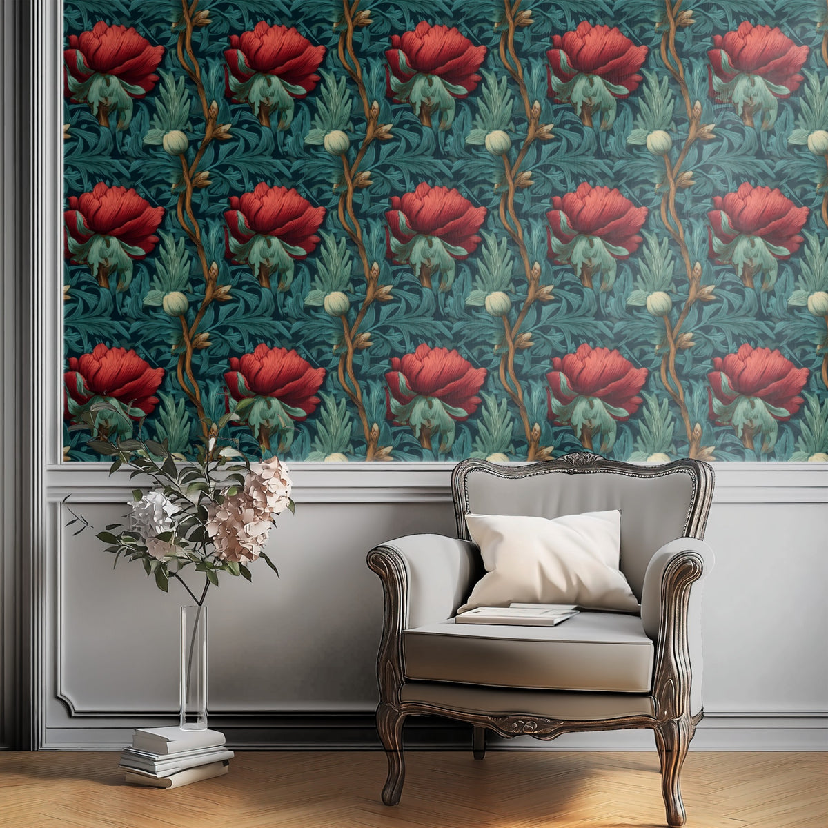 Scarlet Poppies large scale wallpaper in a styled room