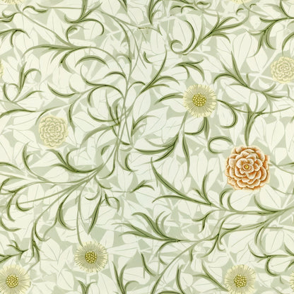 Fine green scrolling stems and small cream and amber flowers on a pale sage ground, a William Morris design.