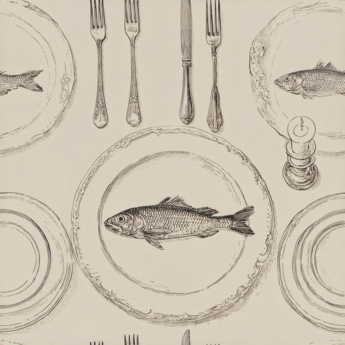 Engraved line drawings of cutlery, plates and a fish on a plate over cream.
