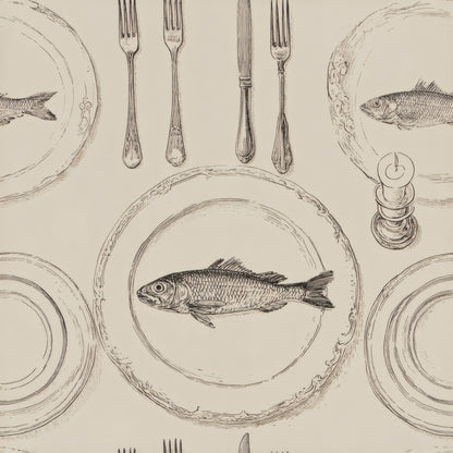 Engraved line drawings of cutlery, plates and a fish on a plate over cream.