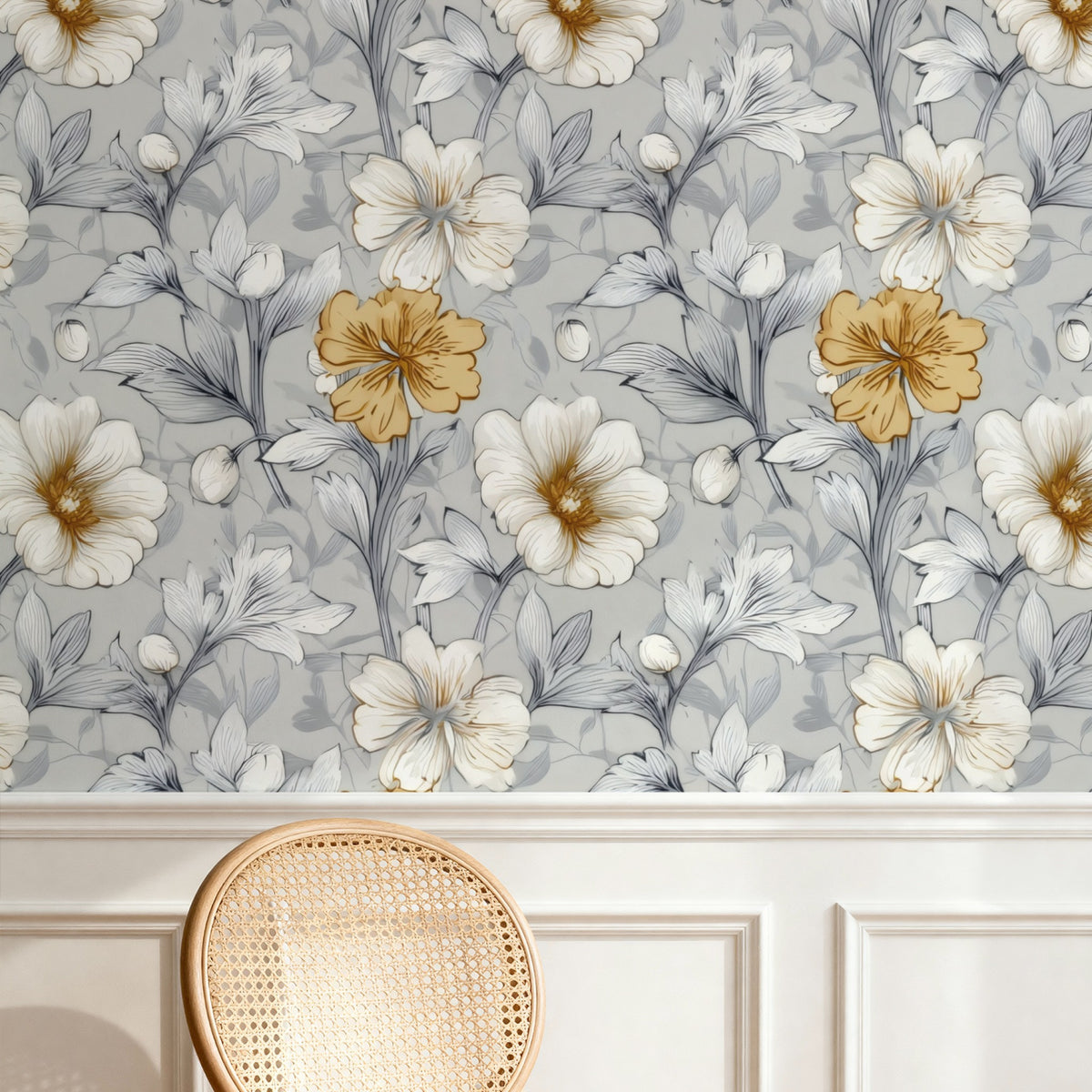 Silver Blossom large scale wallpaper in a styled room