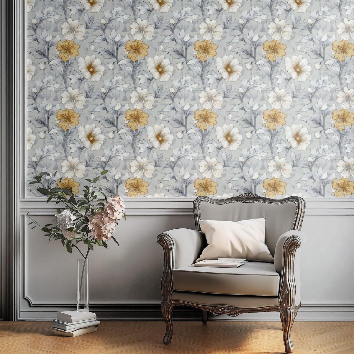 Silver Blossom large scale wallpaper in a styled room