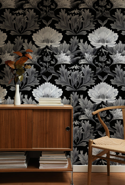 Silver Damask large scale wallpaper in a styled room