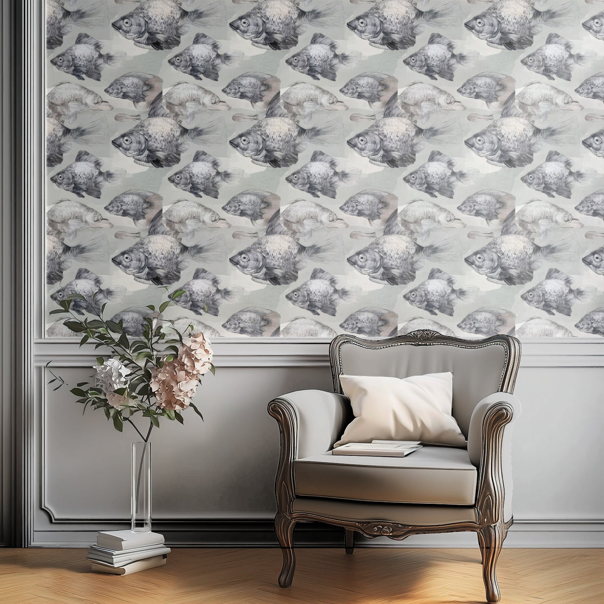 Silver Shoal large scale wallpaper in a styled room