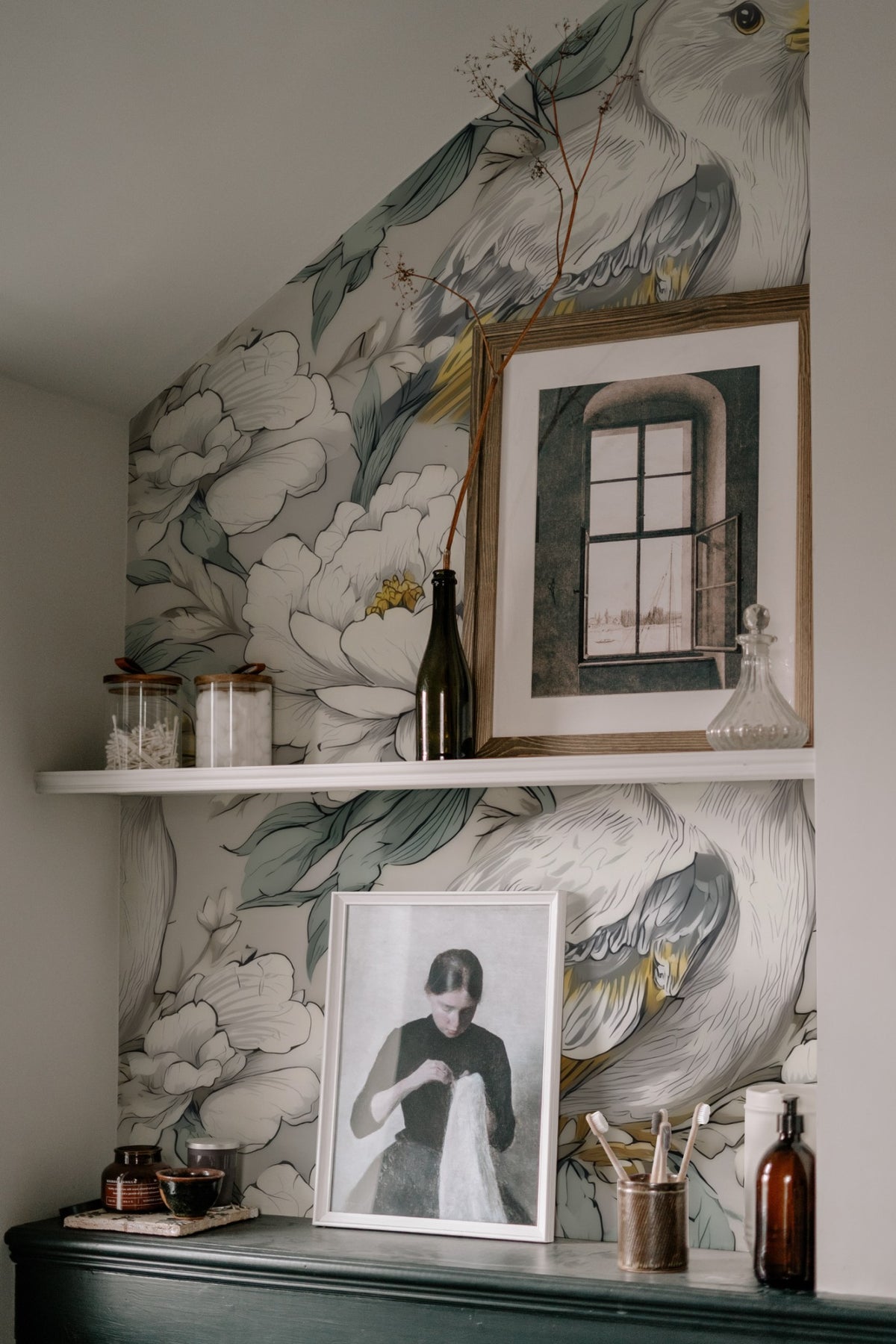 Silver Songbird large scale wallpaper in a styled room