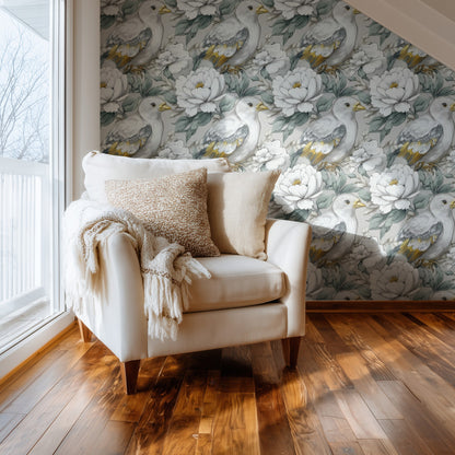 Silver Songbird large scale wallpaper in a styled room