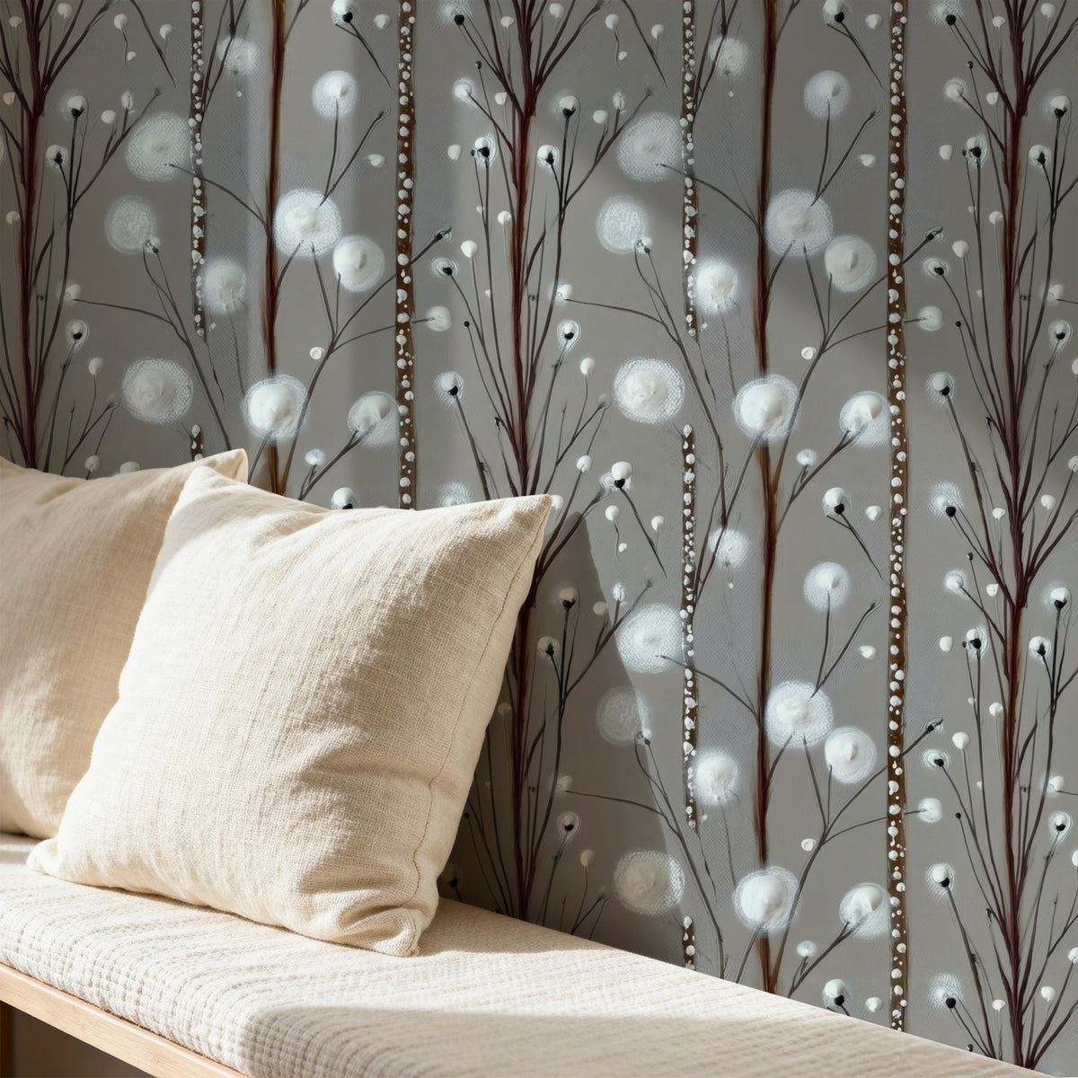 Silver Sprigs large scale wallpaper in a styled room