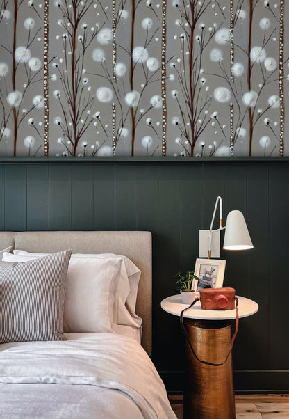 Silver Sprigs large scale wallpaper in a styled room