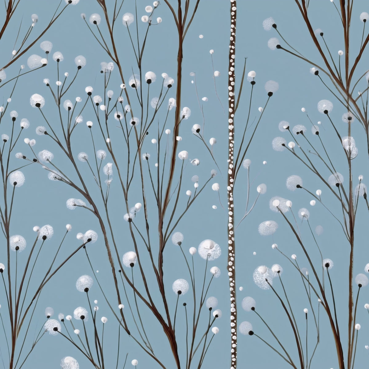 Bare painted branches with small dotted white buds on a soft dusty blue ground.
