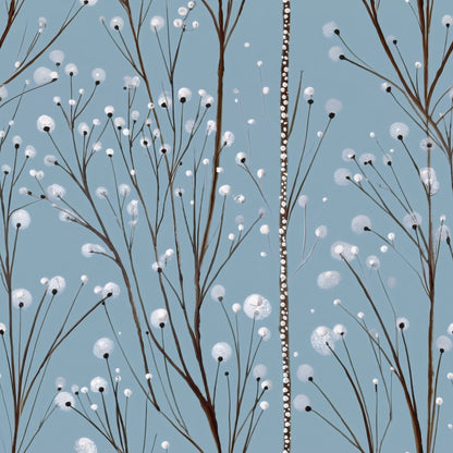 Bare painted branches with small dotted white buds on a soft dusty blue ground.