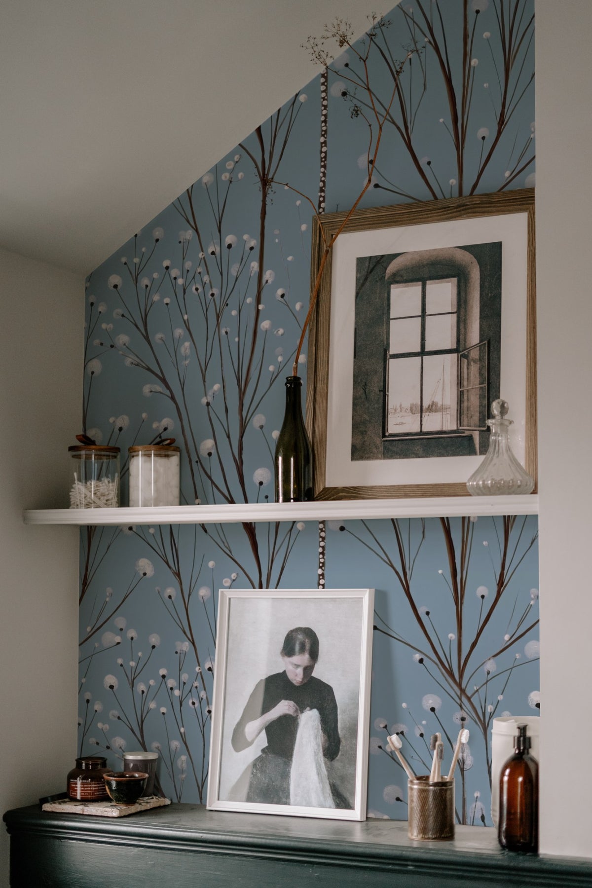 Silver Sprigs wallpaper on a wall in a styled room