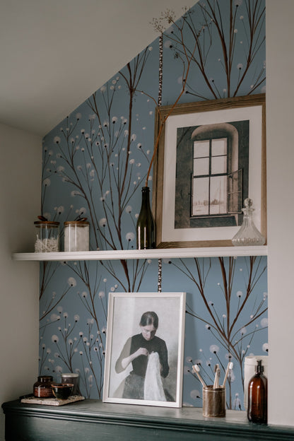 Silver Sprigs wallpaper on a wall in a styled room
