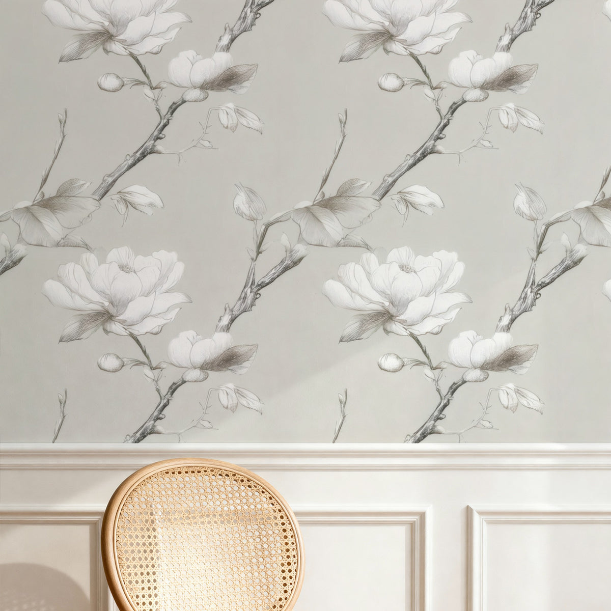 Sketched Blossom large scale wallpaper in a styled room