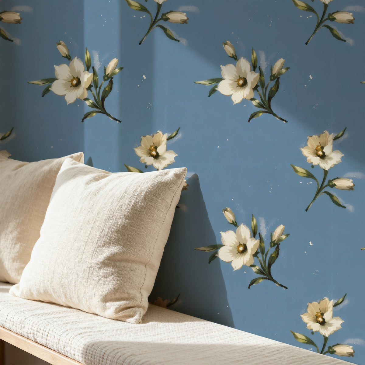 Wildflower Sky large scale wallpaper in a styled room