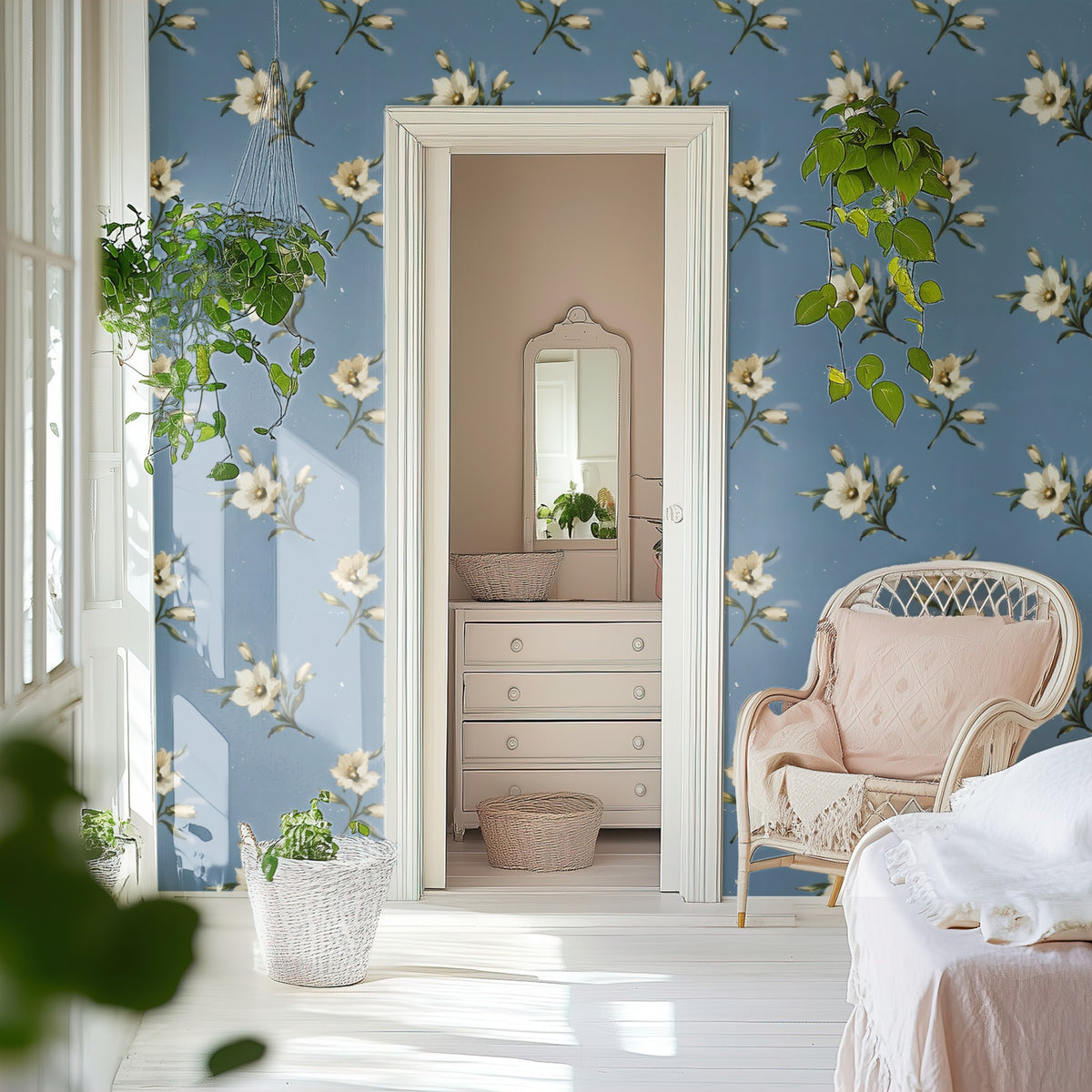 Wildflower Sky large scale wallpaper in a styled room