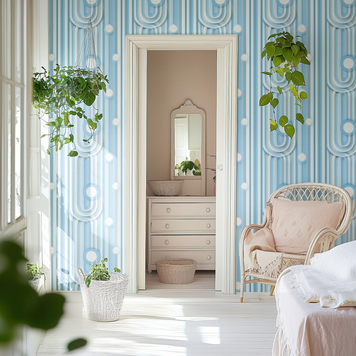 Sky Stripe large scale wallpaper in a styled room