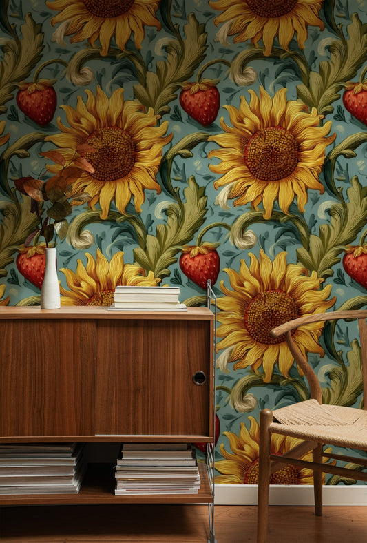 Sky Sunflower large scale wallpaper in a styled room