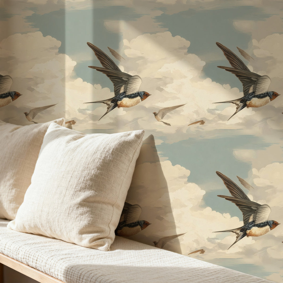 Sky Swallows large scale wallpaper in a styled room
