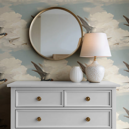 Sky Swallows large scale wallpaper in a styled room