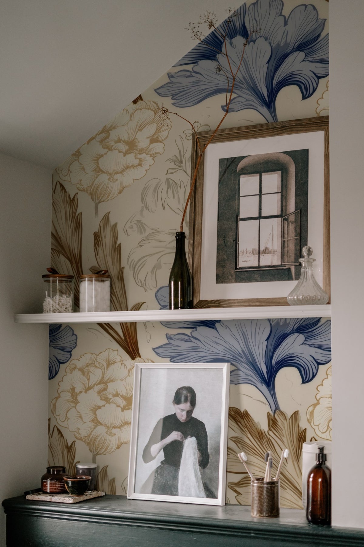 Slate Bloom large scale wallpaper in a styled room