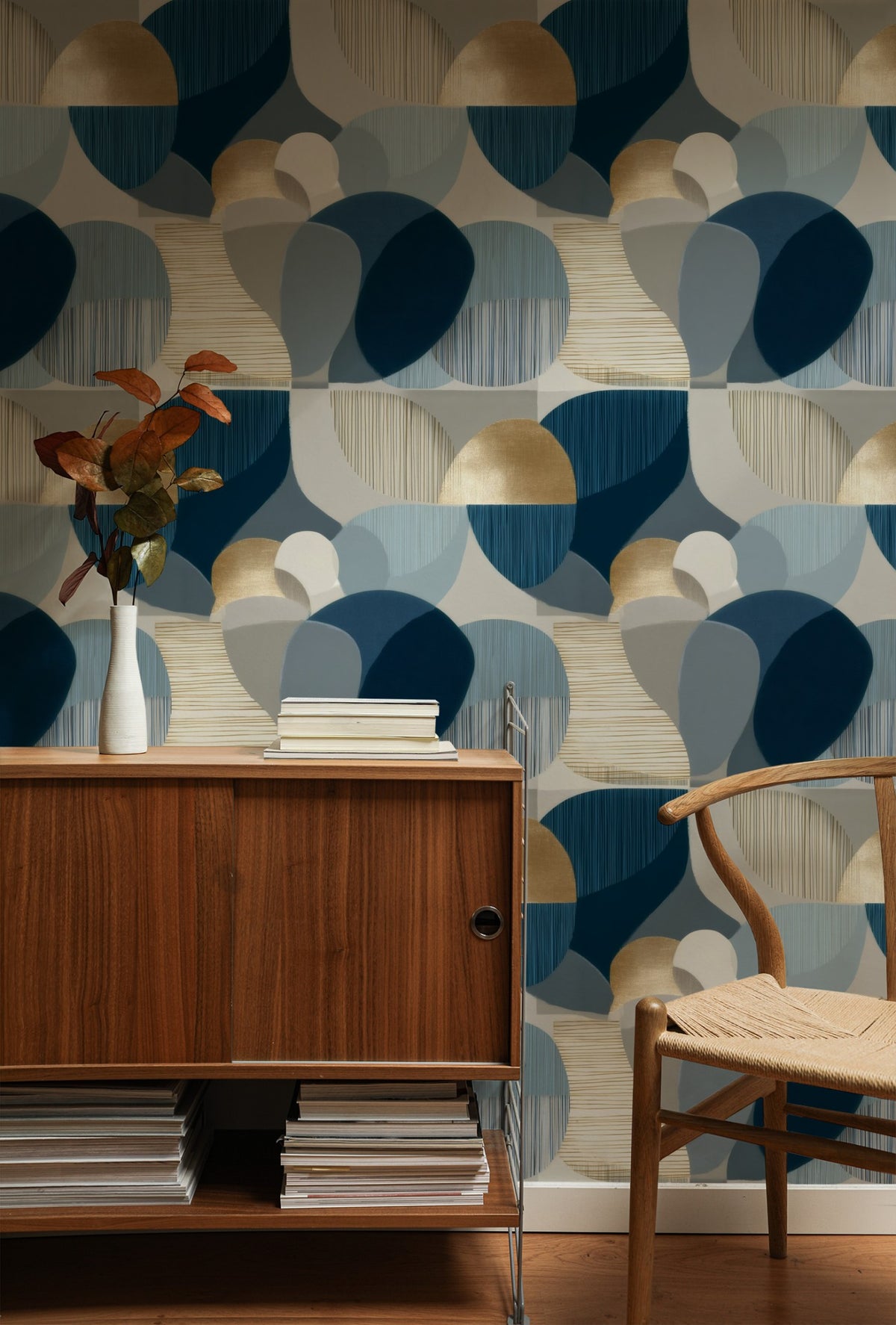 Slate Circles large scale wallpaper in a styled room