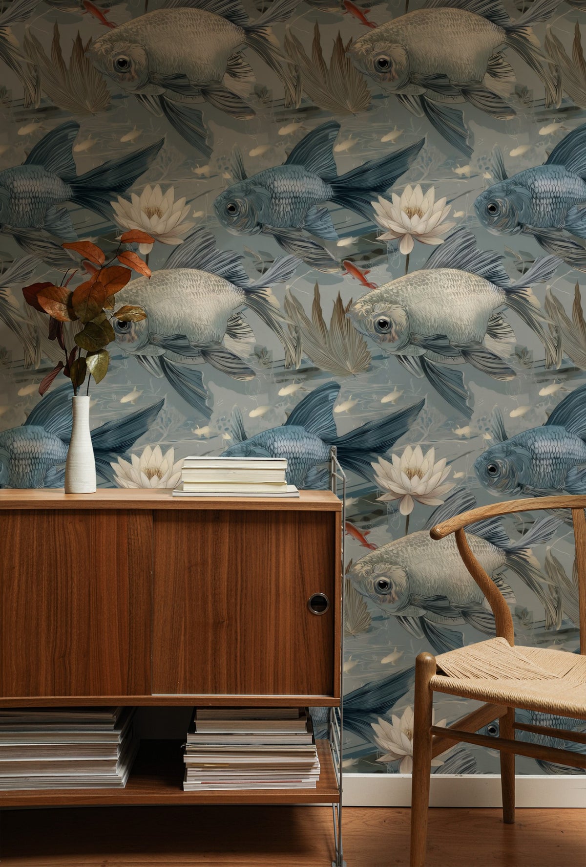 Slate Fantail large scale wallpaper in a styled room