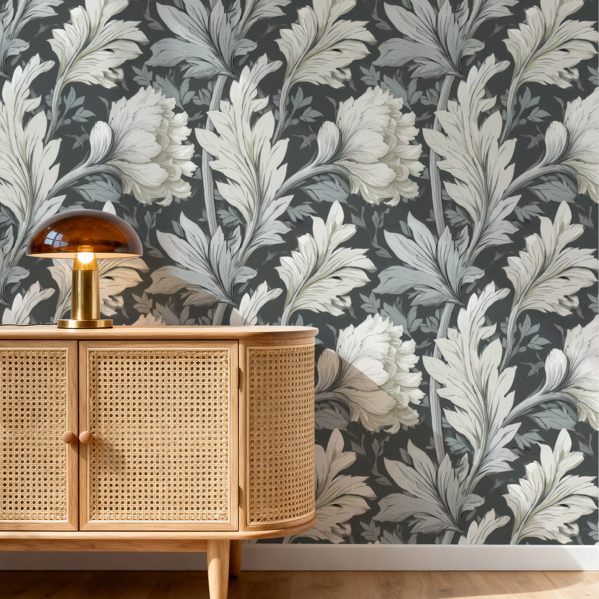 Slate Peony large scale wallpaper in a styled room